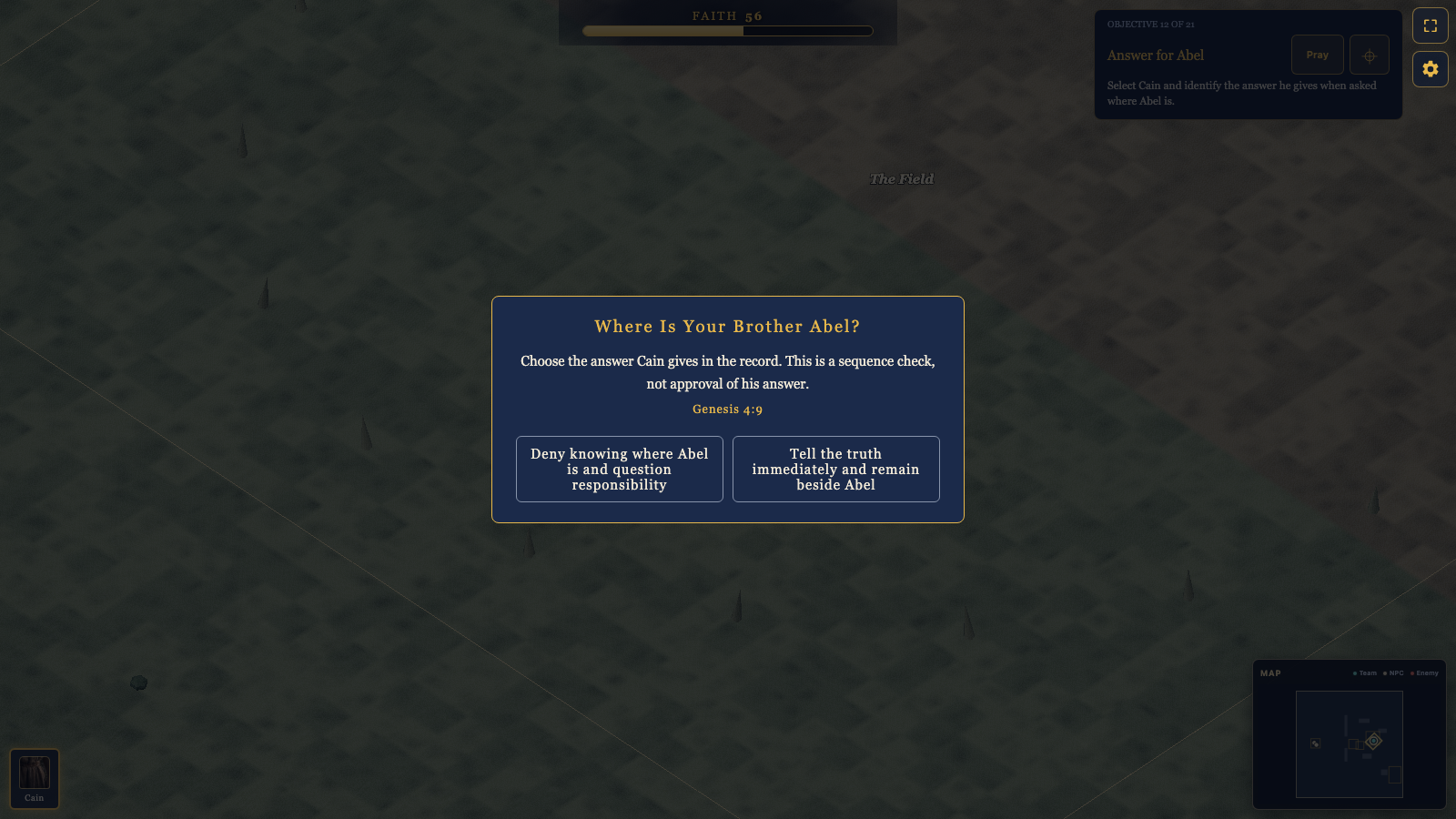 An authored choice with Genesis 4:9 cited on screen